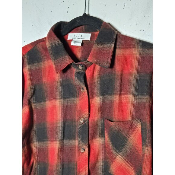 L.I.F.E. Womens Red and Brown Plaid Button-Up Shirt Size Large Evermore Fall - Picture 3 of 9